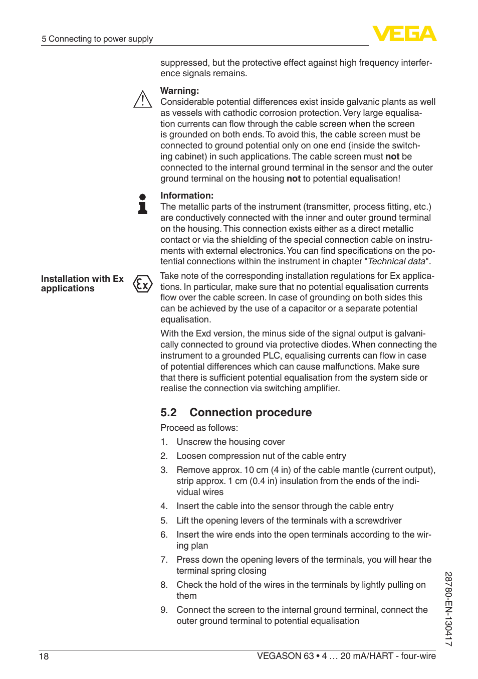 2 connection procedure | VEGA VEGASON 63 4 … 20 mA_HART - four-wire User Manual | Page 18 / 48