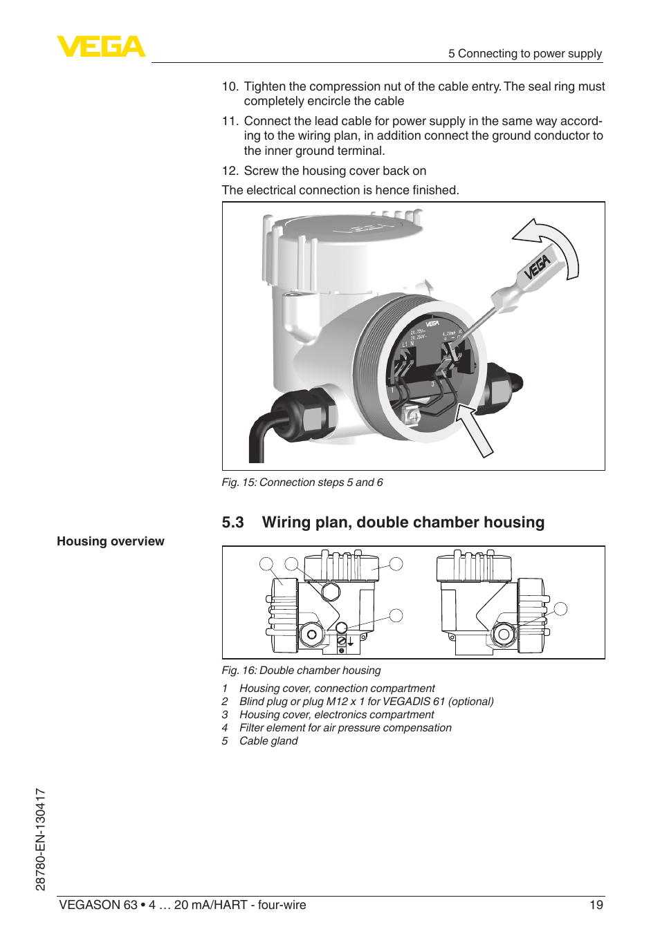 3 wiring plan, double chamber housing | VEGA VEGASON 63 4 … 20 mA_HART - four-wire User Manual | Page 19 / 48