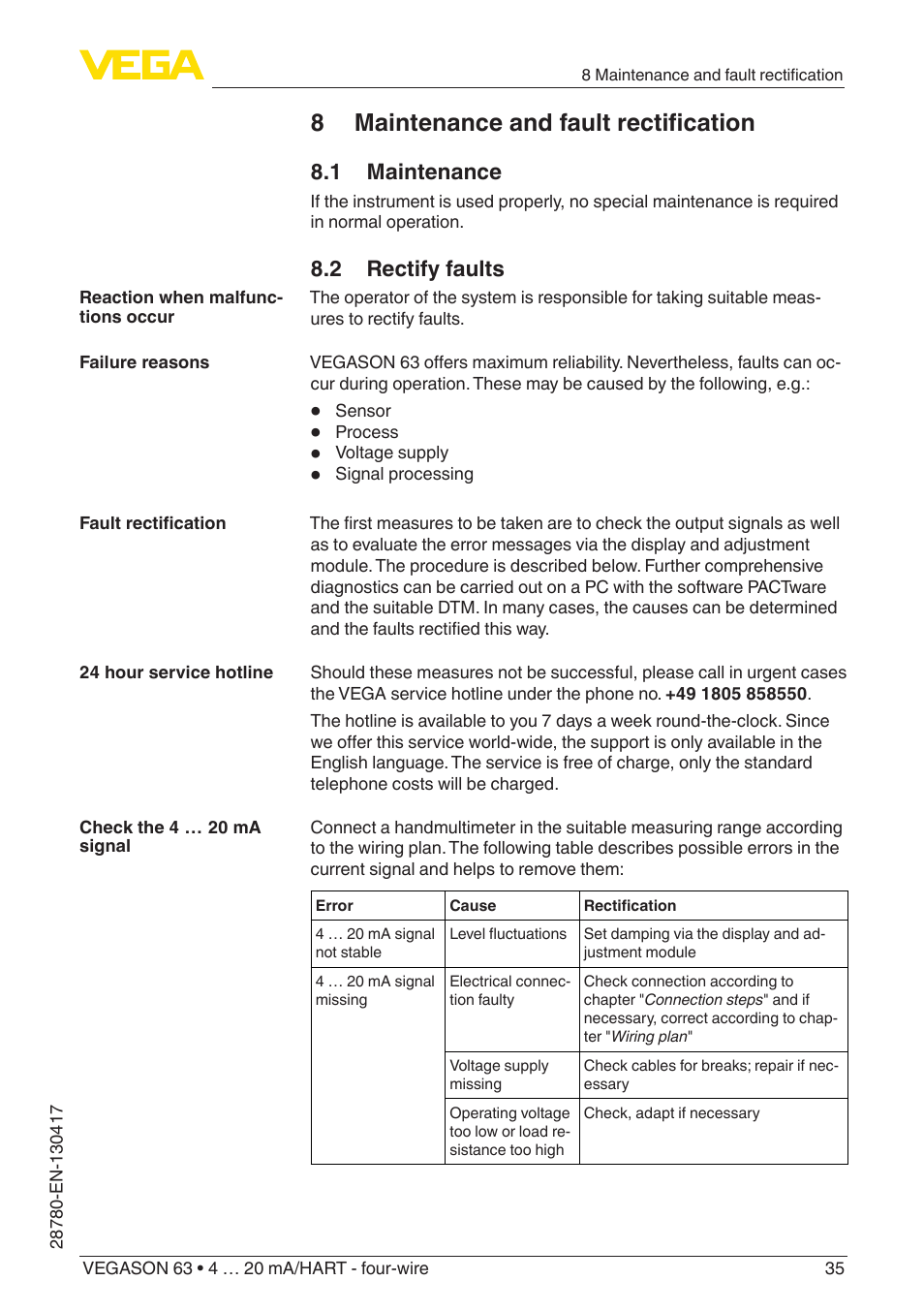 8 maintenance and fault rectification, 1 maintenance, 2 rectify faults | VEGA VEGASON 63 4 … 20 mA_HART - four-wire User Manual | Page 35 / 48