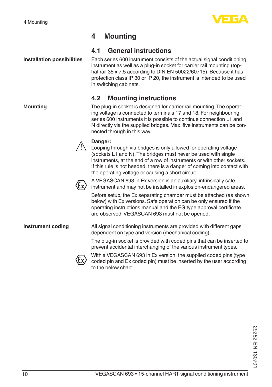 4 mounting, 1 general instructions, 2 mounting instructions | VEGA VEGASCAN 693 User Manual | Page 10 / 48