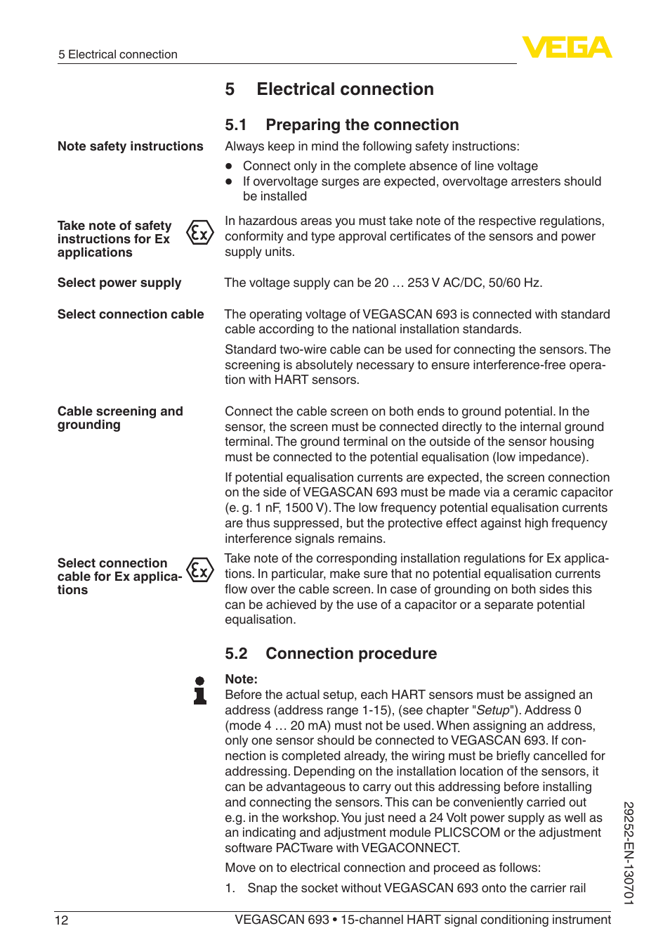 5 electrical connection, 1 preparing the connection, 2 connection procedure | VEGA VEGASCAN 693 User Manual | Page 12 / 48