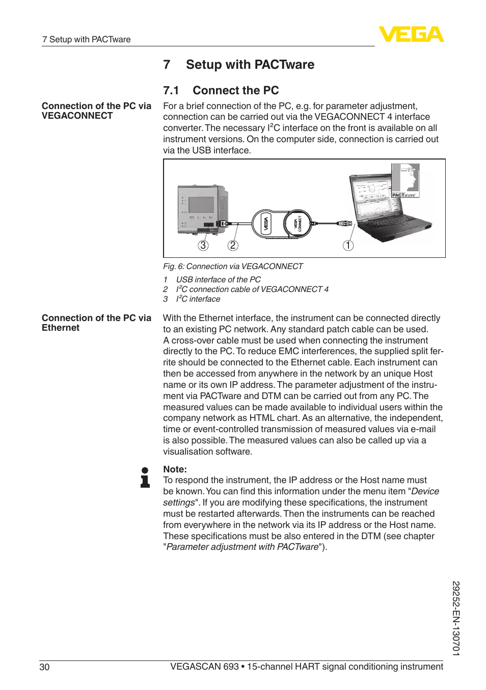 7 setup with pactware, 1 connect the pc | VEGA VEGASCAN 693 User Manual | Page 30 / 48