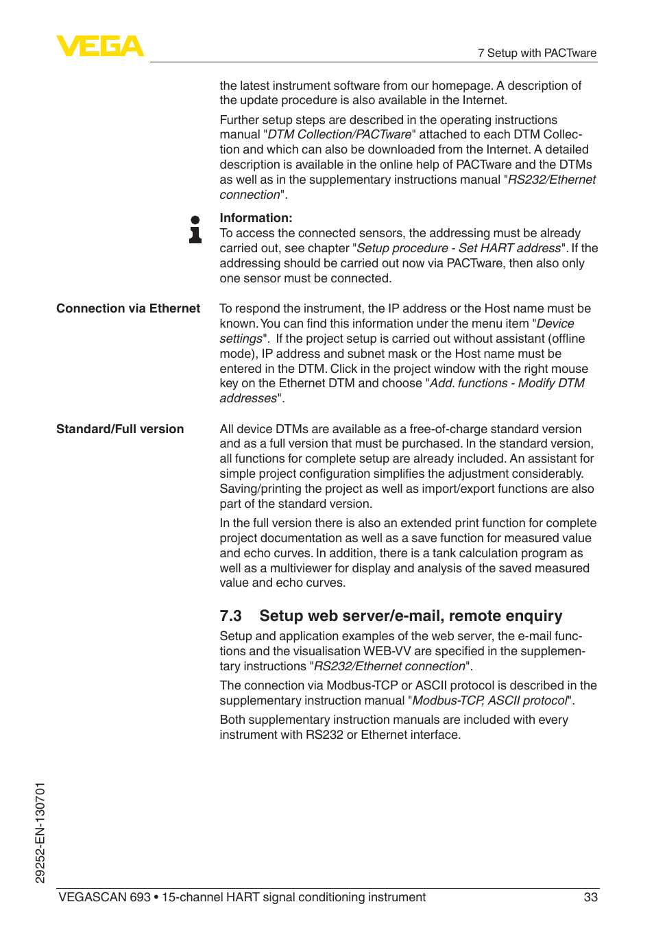 3 setup web server/e-mail, remote enquiry | VEGA VEGASCAN 693 User Manual | Page 33 / 48