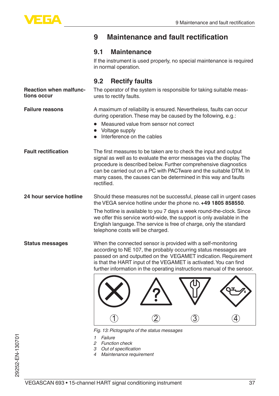 9 maintenance and fault rectification, 1 maintenance, 2 rectify faults | VEGA VEGASCAN 693 User Manual | Page 37 / 48