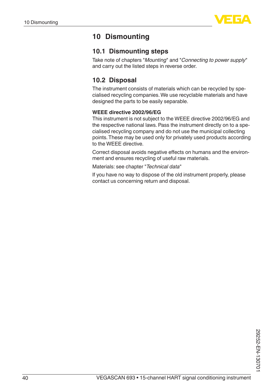 10 dismounting, 1 dismounting steps, 2 disposal | VEGA VEGASCAN 693 User Manual | Page 40 / 48