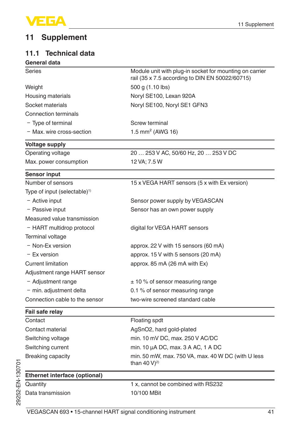 11 supplement, 1 technical data | VEGA VEGASCAN 693 User Manual | Page 41 / 48