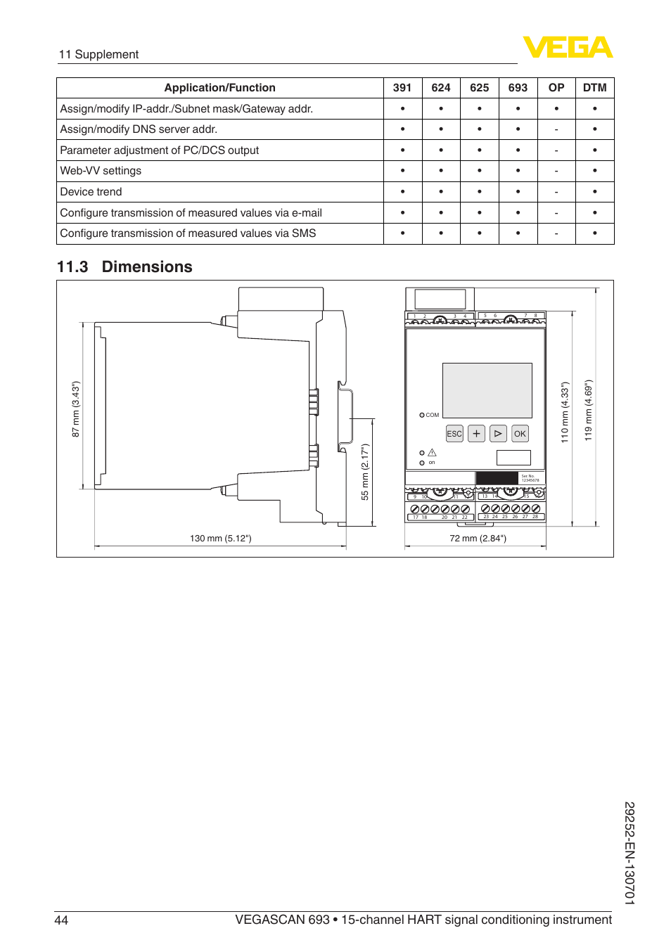 3 dimensions, 11 supplement | VEGA VEGASCAN 693 User Manual | Page 44 / 48