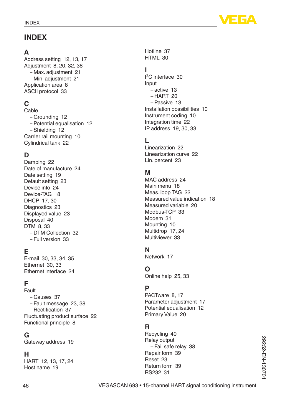 Index | VEGA VEGASCAN 693 User Manual | Page 46 / 48