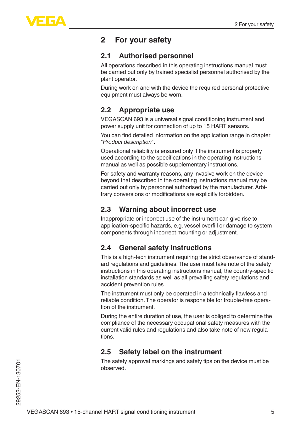 2 for your safety, 1 authorised personnel, 2 appropriate use | 3 warning about incorrect use, 4 general safety instructions, 5 safety label on the instrument | VEGA VEGASCAN 693 User Manual | Page 5 / 48