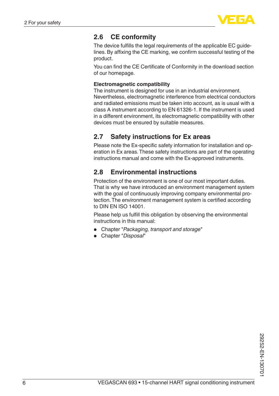 6 ce conformity, 7 safety instructions for ex areas, 8 environmental instructions | VEGA VEGASCAN 693 User Manual | Page 6 / 48
