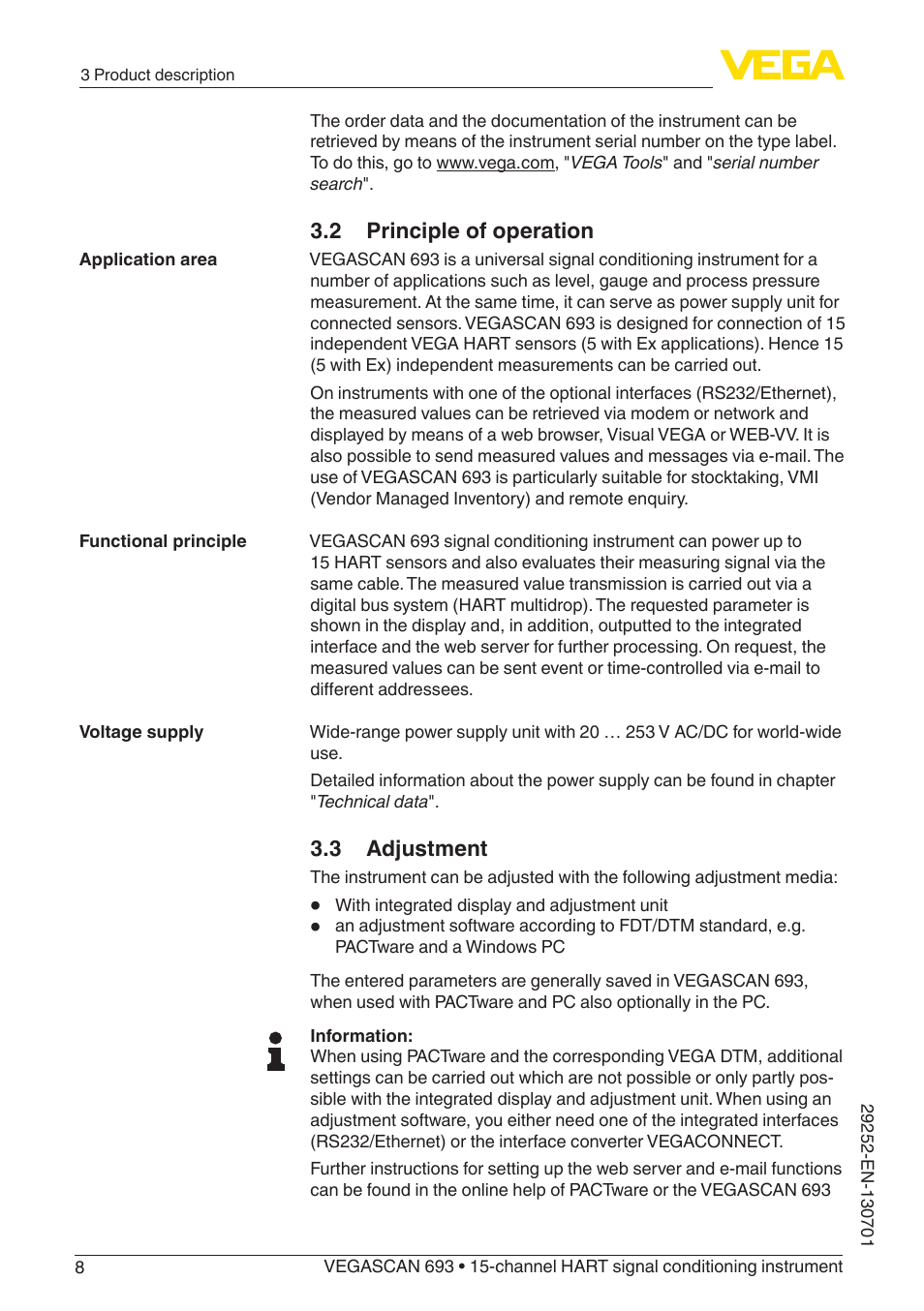 2 principle of operation, 3 adjustment | VEGA VEGASCAN 693 User Manual | Page 8 / 48