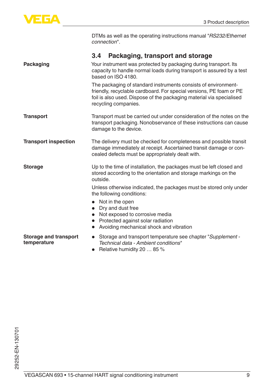 4 packaging, transport and storage | VEGA VEGASCAN 693 User Manual | Page 9 / 48