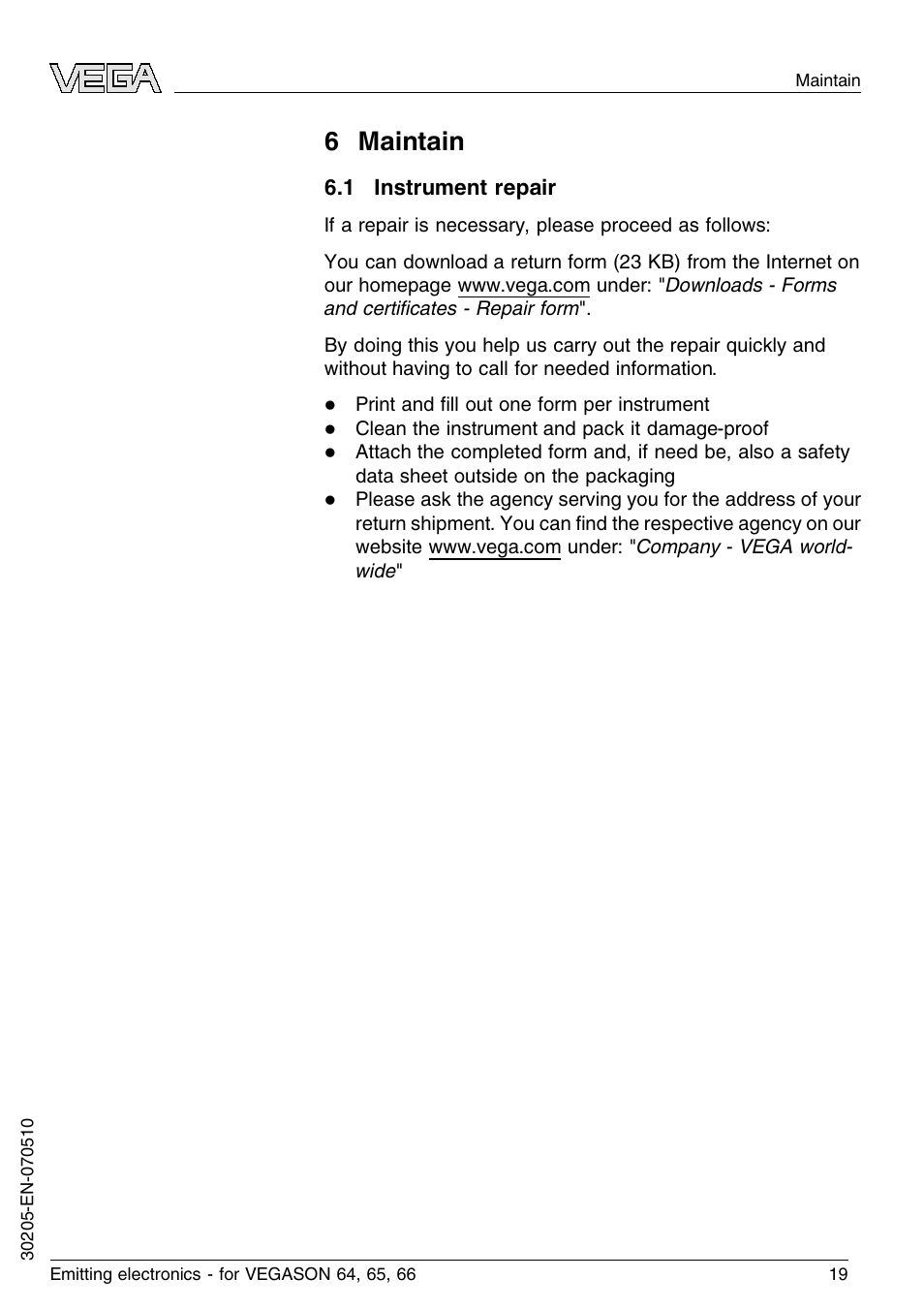 6 maintain, 1 instrument repair, 6 m aintain | VEGA VEGASON 66 Emitting electronics User Manual | Page 19 / 24