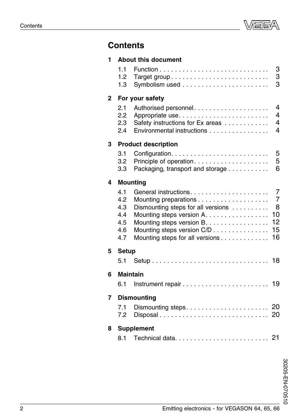 VEGA VEGASON 66 Emitting electronics User Manual | Page 2 / 24