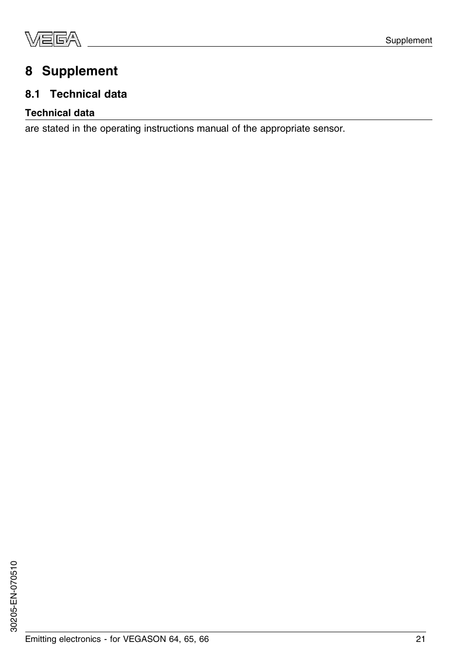 8 supplement, 1 technical data, 8 s upplement | VEGA VEGASON 66 Emitting electronics User Manual | Page 21 / 24