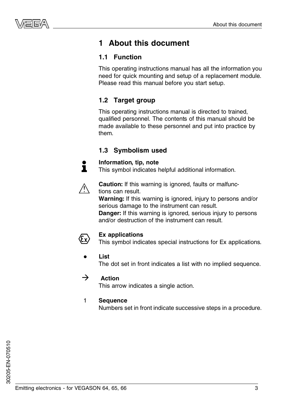 1 about this document, 1 function, 2 target group | 3 symbolism used, 1 a bout this document | VEGA VEGASON 66 Emitting electronics User Manual | Page 3 / 24