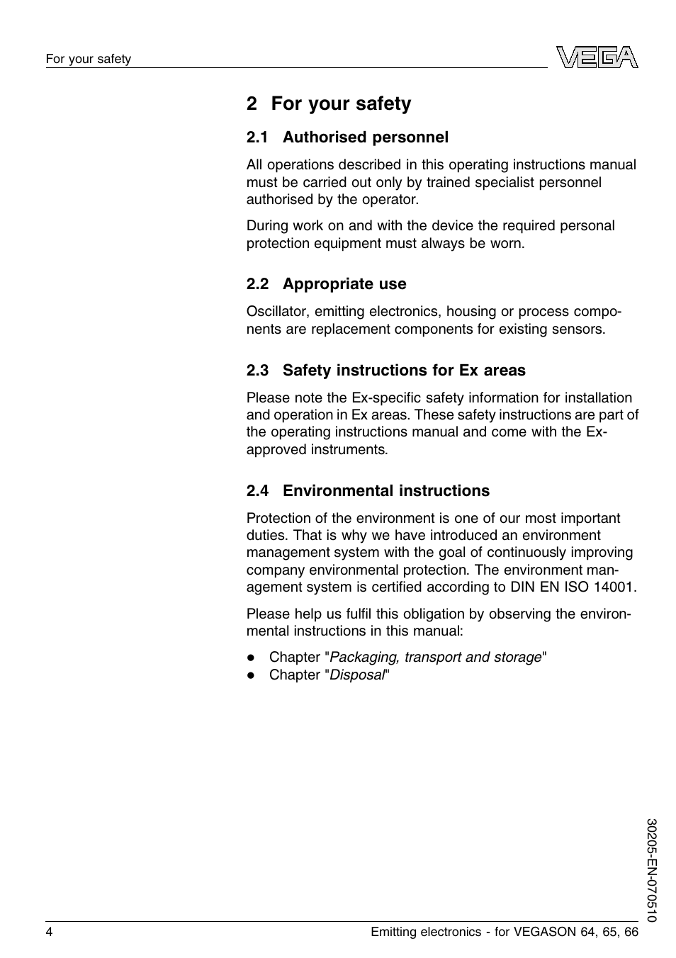 2 for your safety, 1 authorised personnel, 2 appropriate use | 3 safety instructions for ex areas, 4 environmental instructions, 2 f or your safety | VEGA VEGASON 66 Emitting electronics User Manual | Page 4 / 24