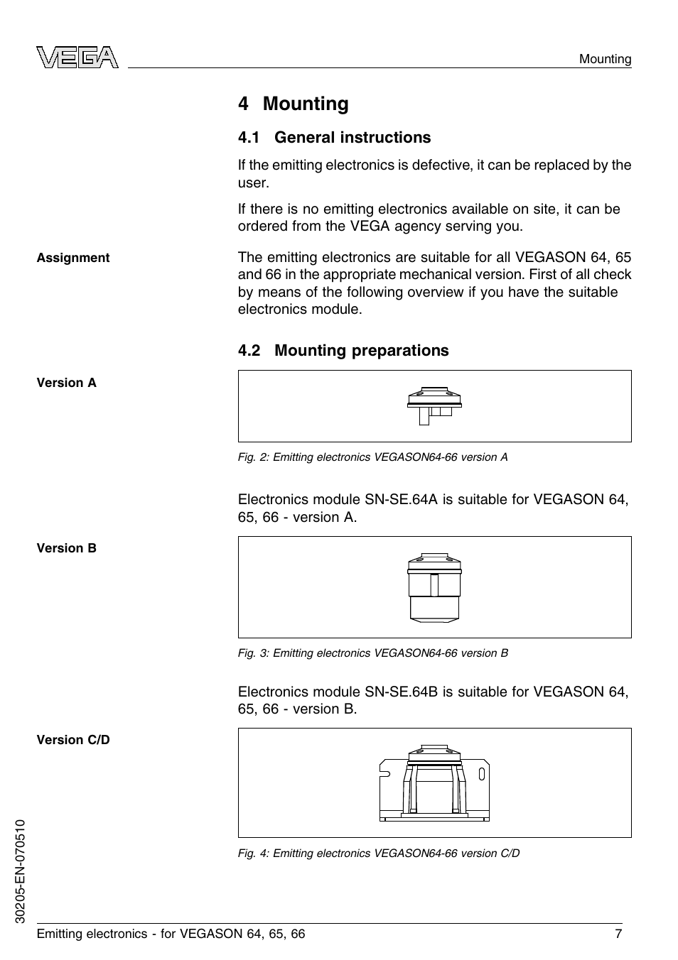 4 mounting, 1 general instructions, 2 mounting preparations | 4 m ounting | VEGA VEGASON 66 Emitting electronics User Manual | Page 7 / 24