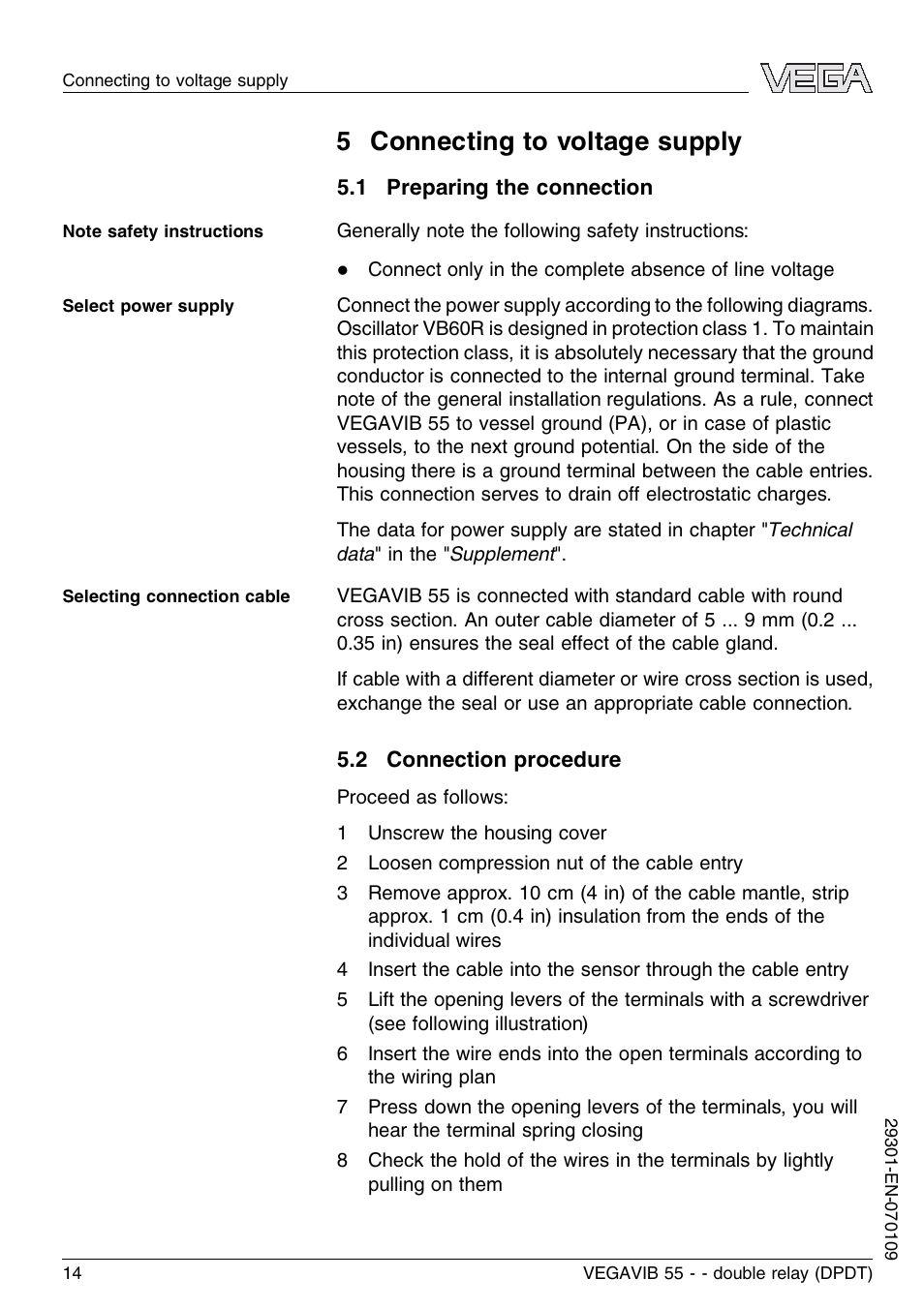 5 connecting to voltage supply, 1 preparing the connection, 2 connection procedure | VEGA VEGAVIB 55 - double relay (DPDT) User Manual | Page 14 / 32