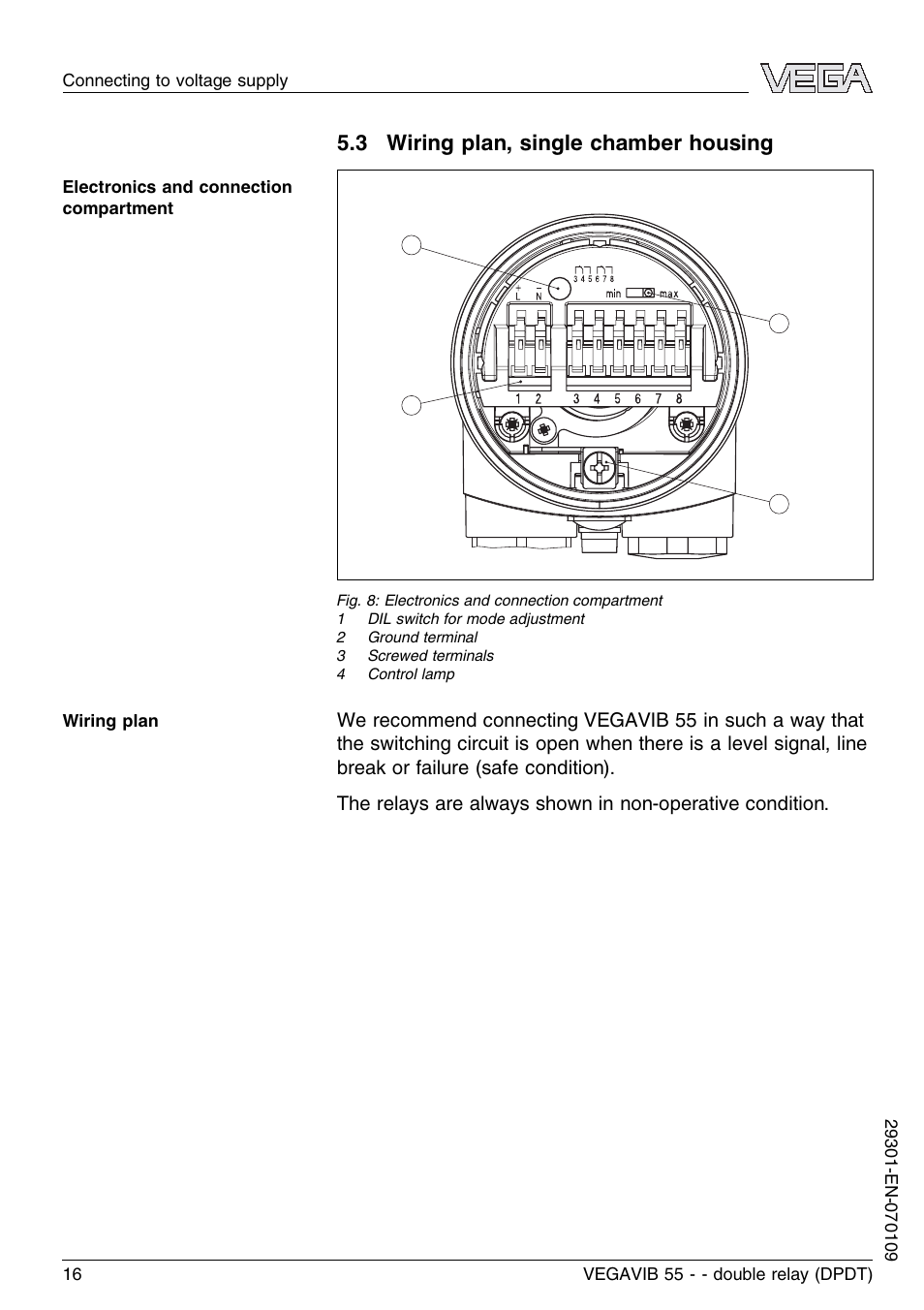 3 wiring plan, single chamber housing | VEGA VEGAVIB 55 - double relay (DPDT) User Manual | Page 16 / 32