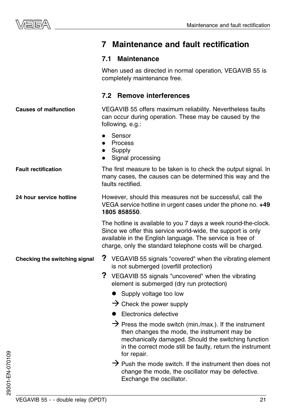 7 maintenance and fault rectification, 1 maintenance, 2 remove interferences | 7 maintenance and fault rectiﬁcation | VEGA VEGAVIB 55 - double relay (DPDT) User Manual | Page 21 / 32