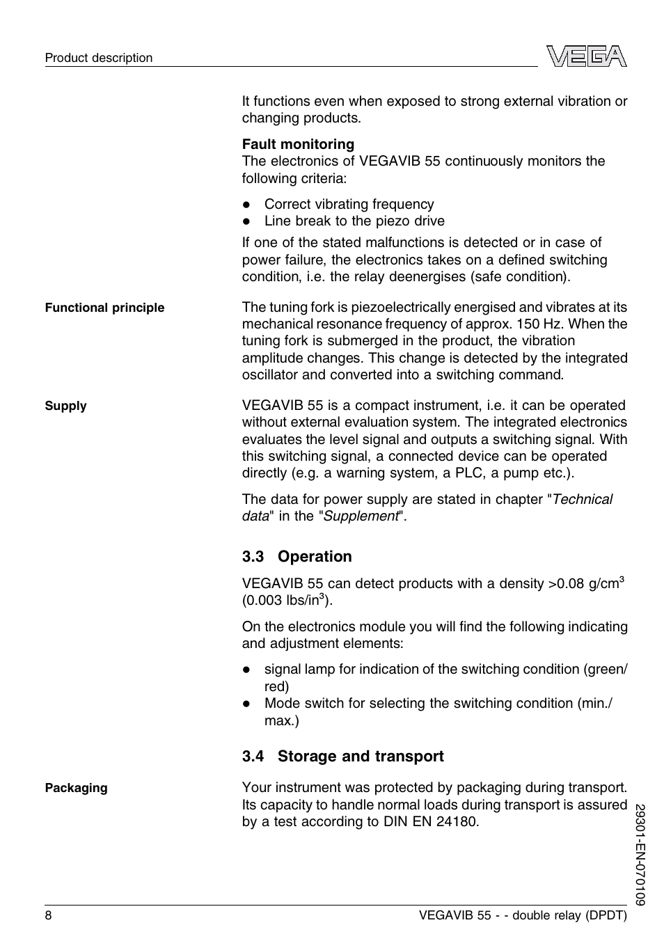 3 operation, 4 storage and transport | VEGA VEGAVIB 55 - double relay (DPDT) User Manual | Page 8 / 32