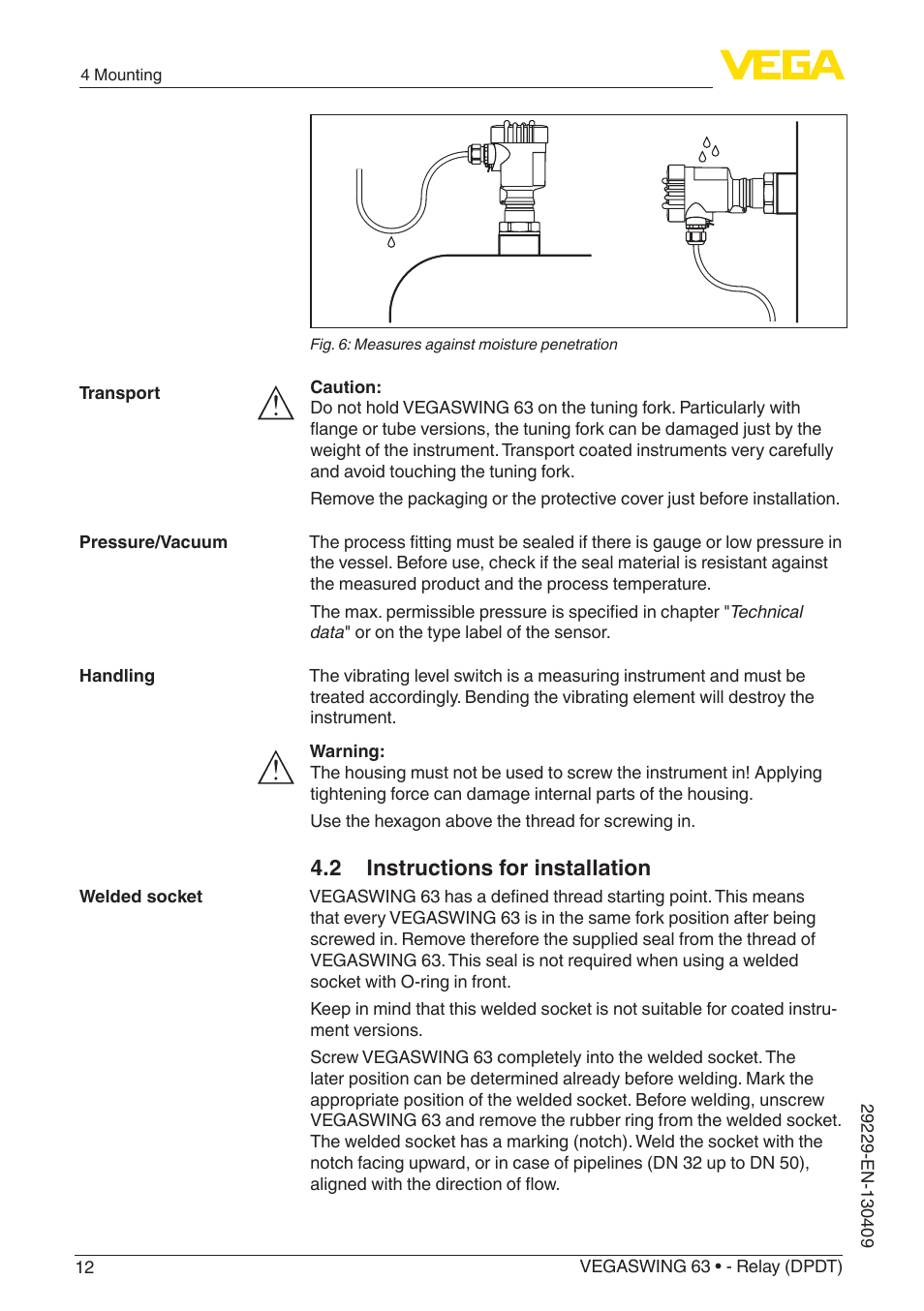 2 instructions for installation | VEGA VEGASWING 63 - Relay (DPDT) User Manual | Page 12 / 36