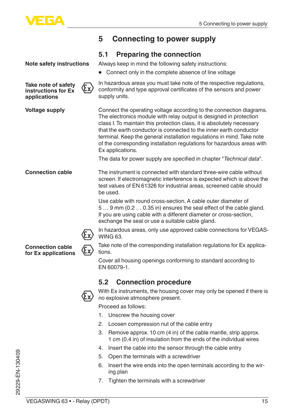 5 connecting to power supply, 1 preparing the connection, 2 connection procedure | VEGA VEGASWING 63 - Relay (DPDT) User Manual | Page 15 / 36