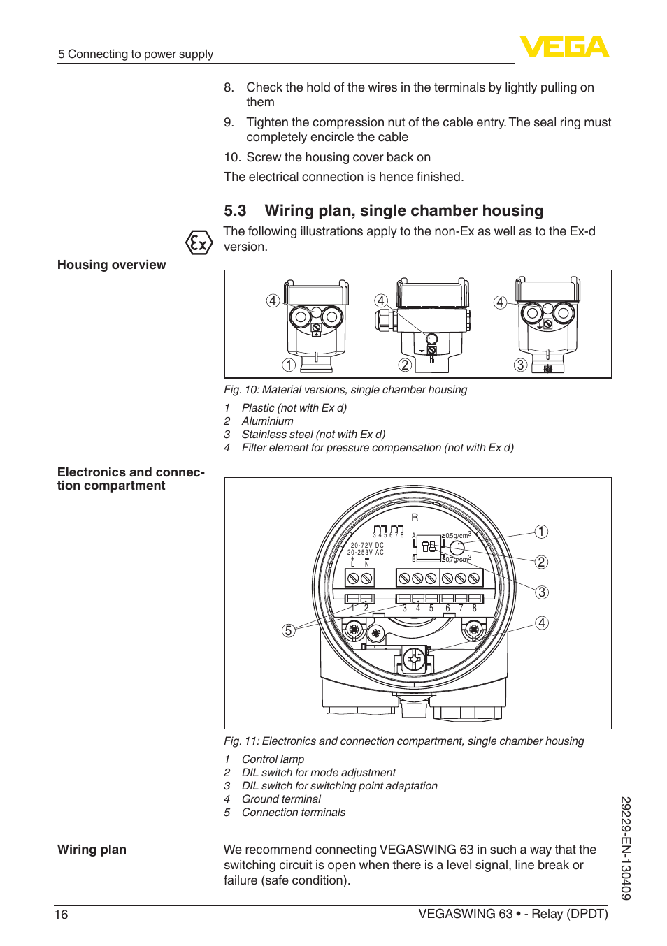 3 wiring plan, single chamber housing | VEGA VEGASWING 63 - Relay (DPDT) User Manual | Page 16 / 36