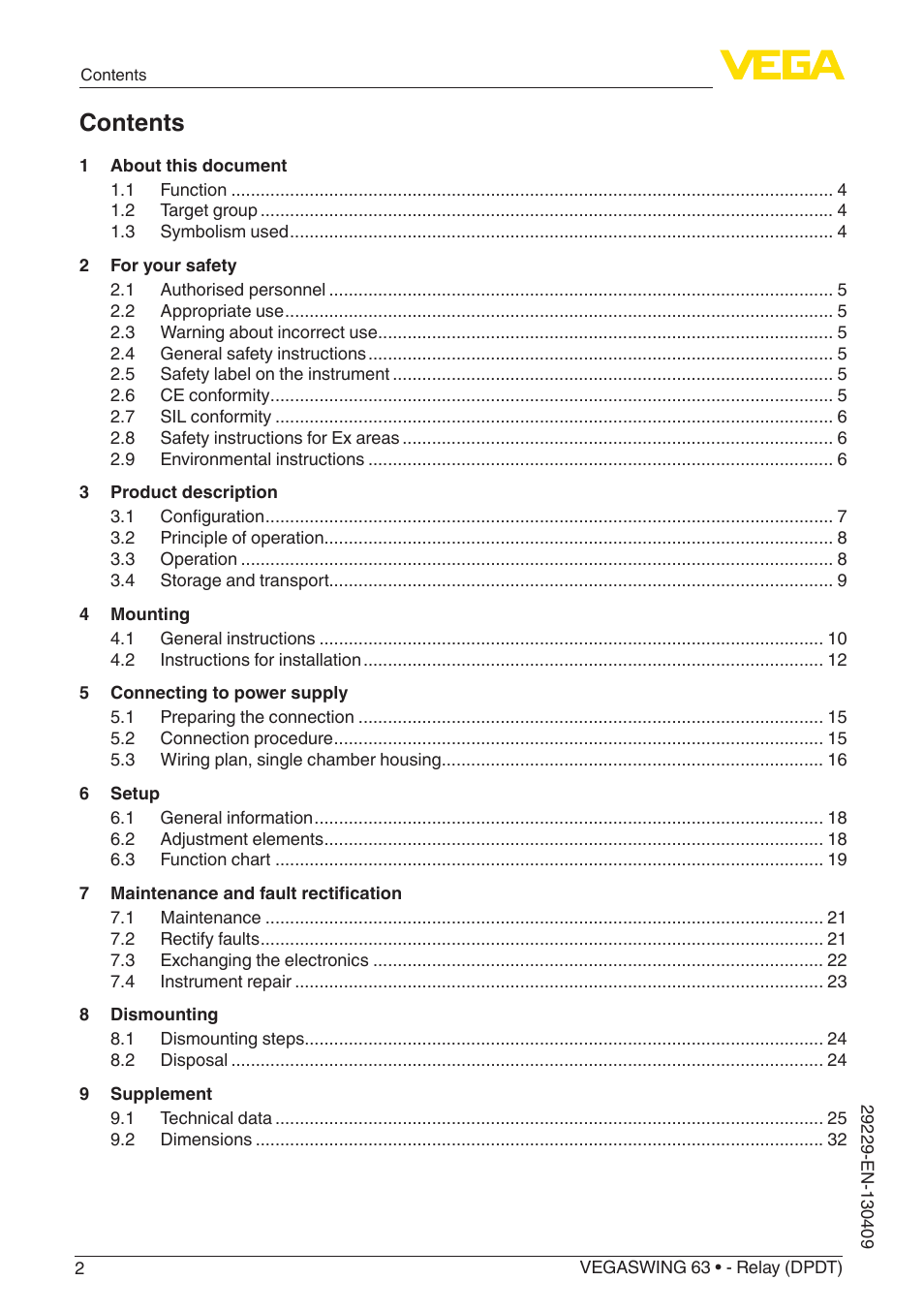 VEGA VEGASWING 63 - Relay (DPDT) User Manual | Page 2 / 36
