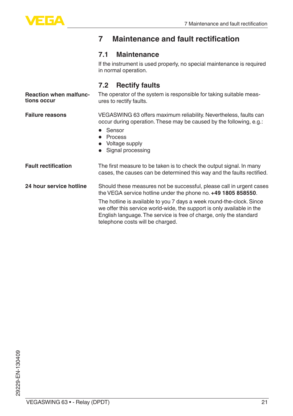 7 maintenance and fault rectification | VEGA VEGASWING 63 - Relay (DPDT) User Manual | Page 21 / 36