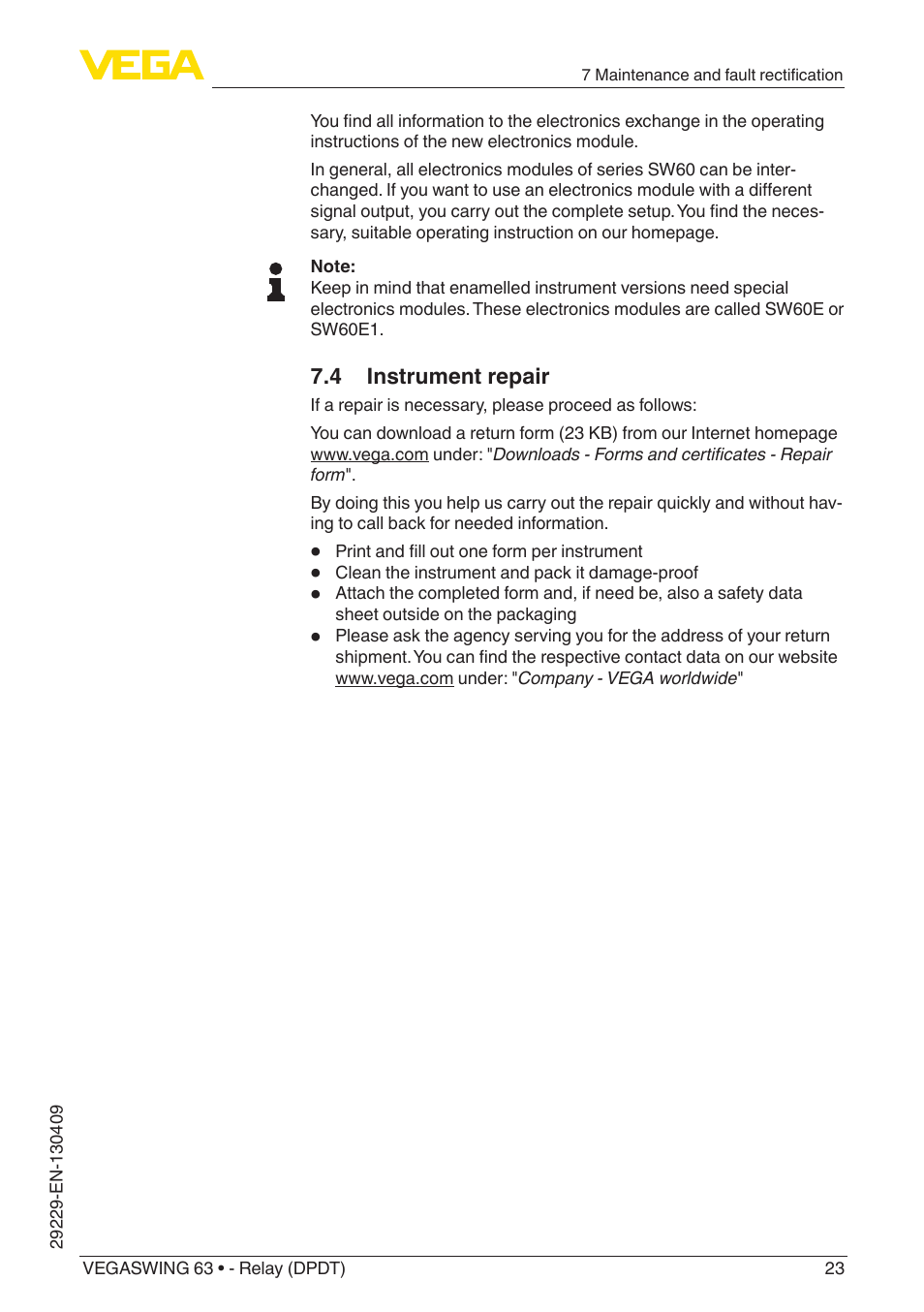 VEGA VEGASWING 63 - Relay (DPDT) User Manual | Page 23 / 36