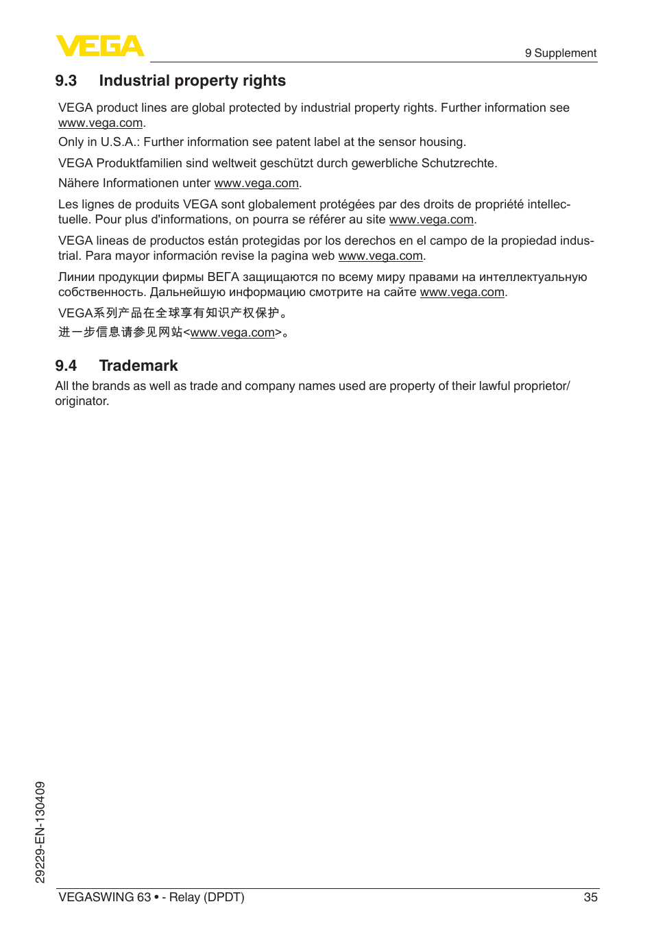 3 industrial property rights, 4 trademark | VEGA VEGASWING 63 - Relay (DPDT) User Manual | Page 35 / 36