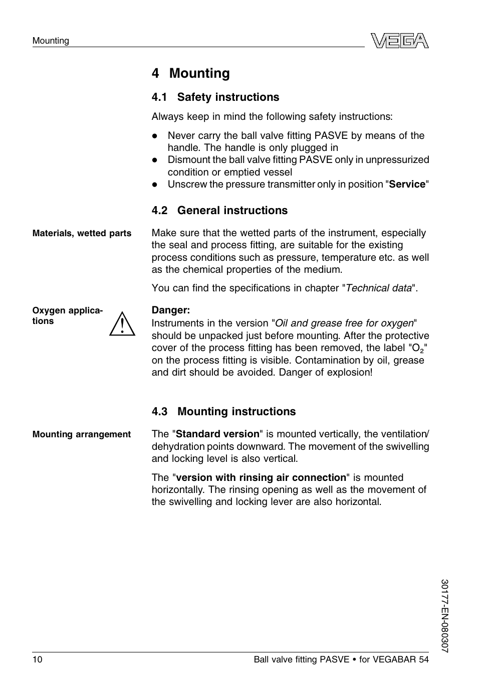 4 mounting, 1 safety instructions, 2 general instructions | 3 mounting instructions, 4 m ounting | VEGA VEGABAR 54 Ball valve ﬁtting PASVE User Manual | Page 10 / 24