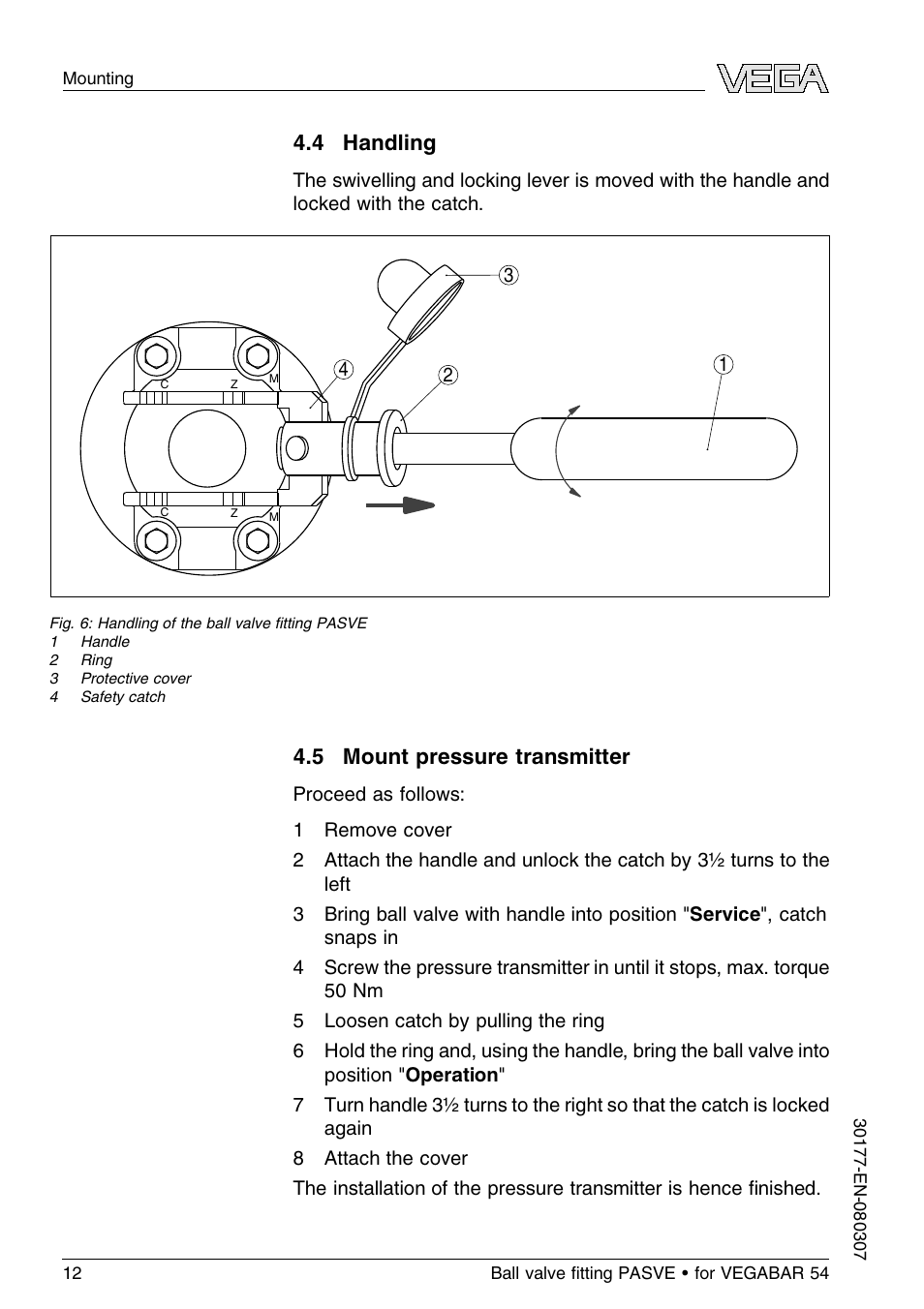 4 handling, 5 mount pressure transmitter, 4 h andling | 5 m ount pressure transmitter | VEGA VEGABAR 54 Ball valve ﬁtting PASVE User Manual | Page 12 / 24