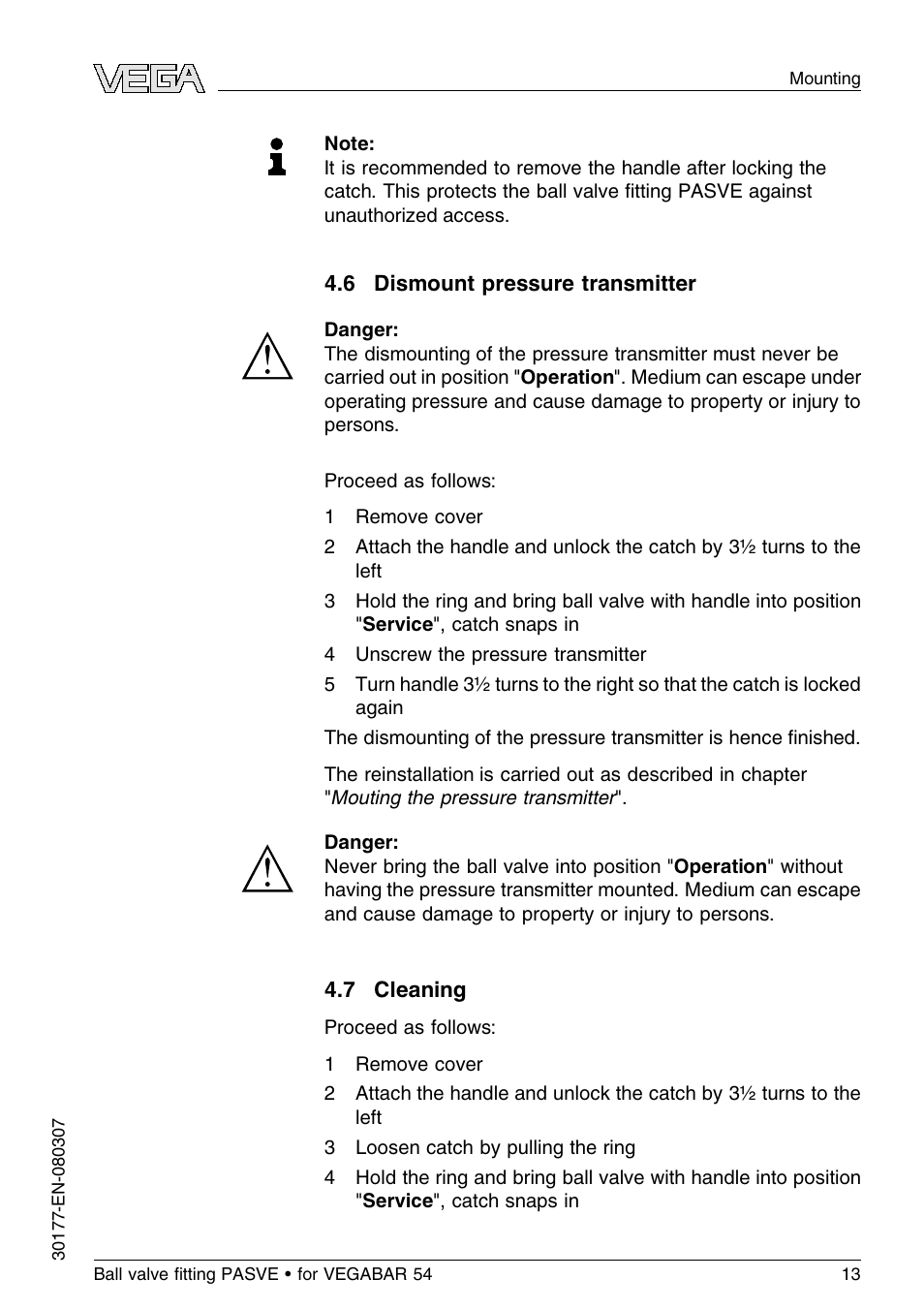 6 dismount pressure transmitter, 7 cleaning | VEGA VEGABAR 54 Ball valve ﬁtting PASVE User Manual | Page 13 / 24