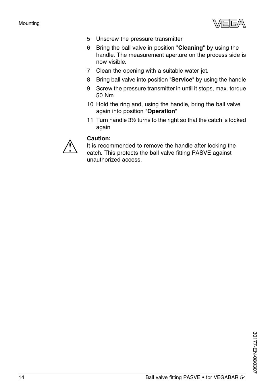 VEGA VEGABAR 54 Ball valve ﬁtting PASVE User Manual | Page 14 / 24