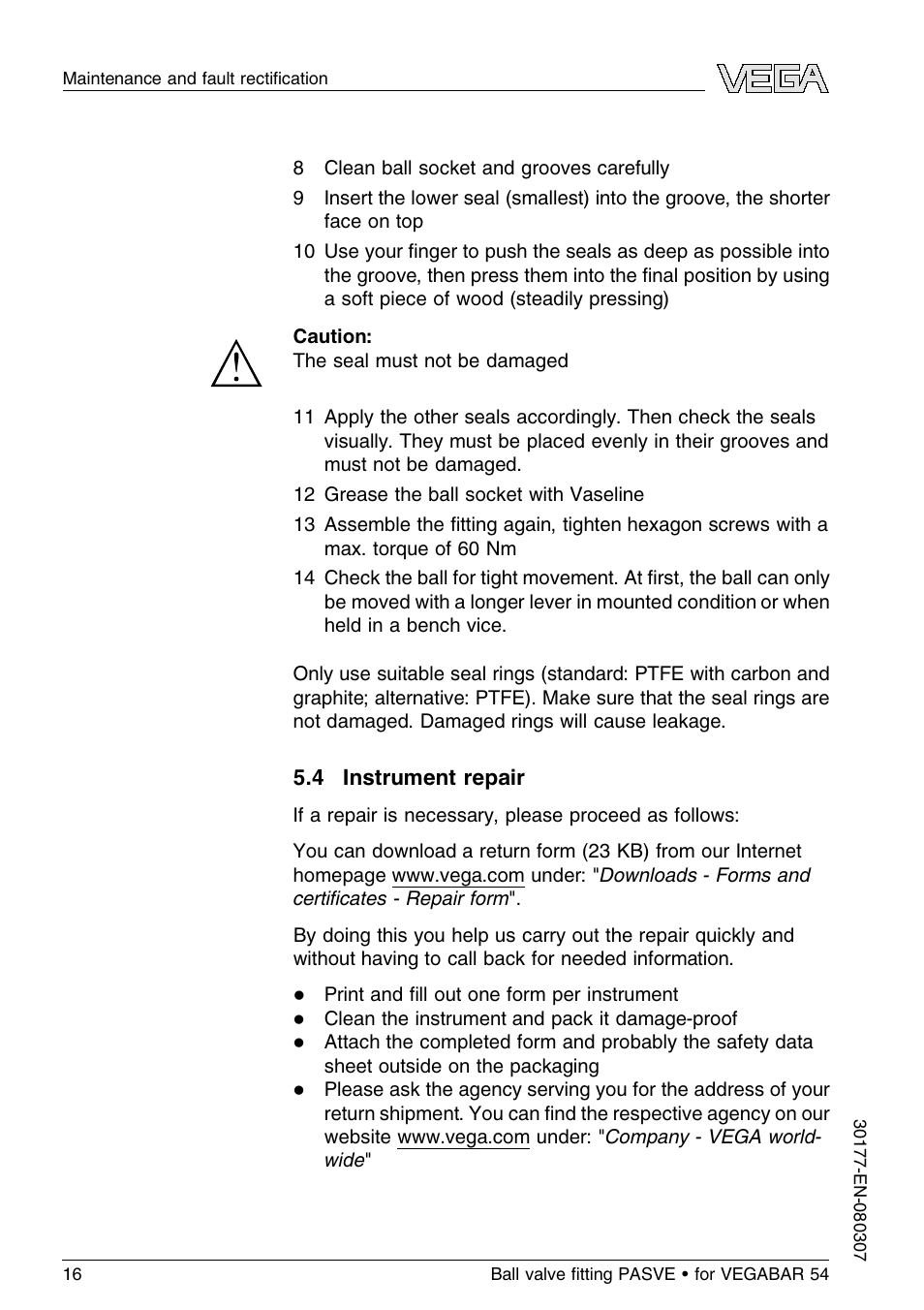 4 instrument repair | VEGA VEGABAR 54 Ball valve ﬁtting PASVE User Manual | Page 16 / 24