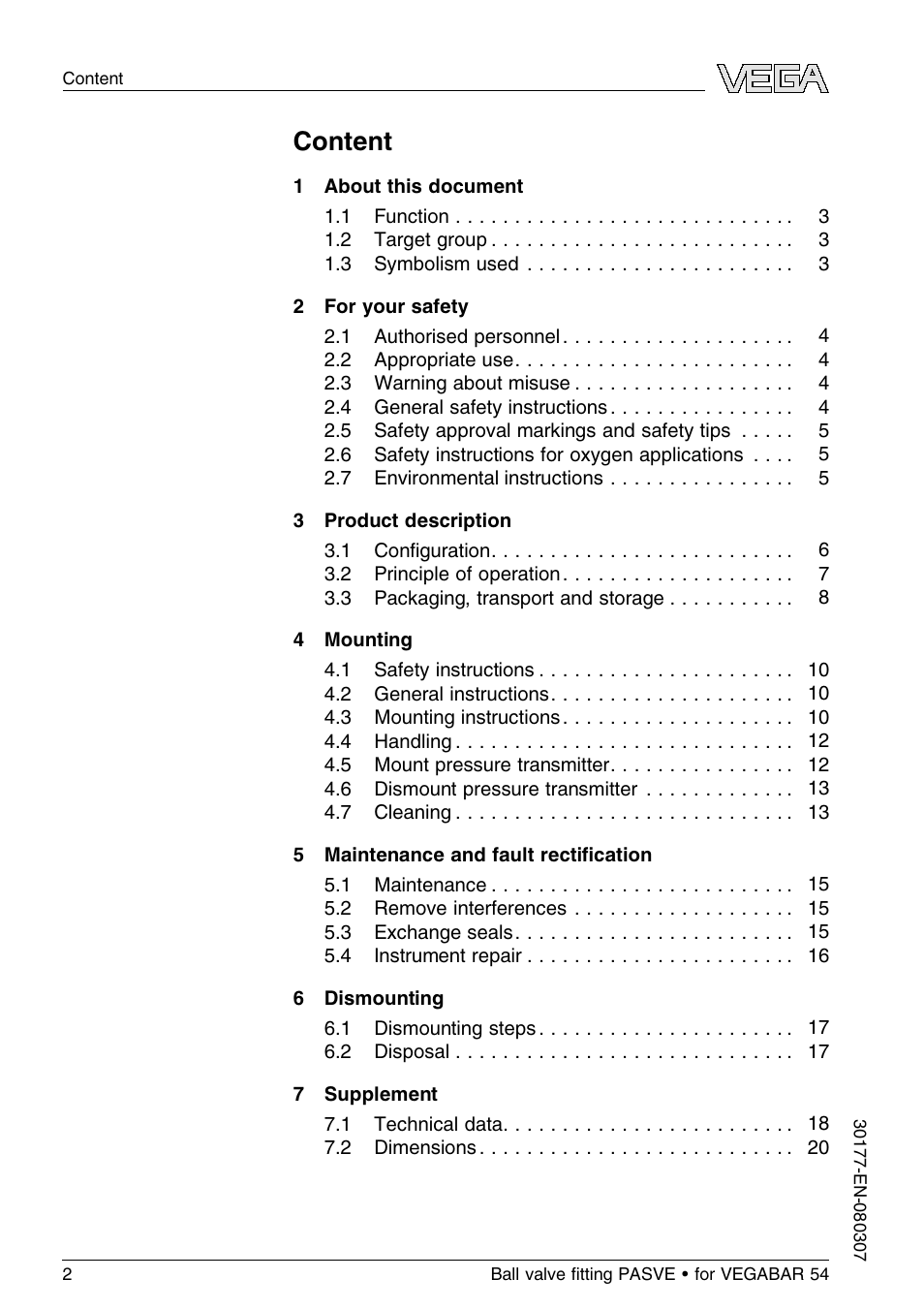 Content | VEGA VEGABAR 54 Ball valve ﬁtting PASVE User Manual | Page 2 / 24