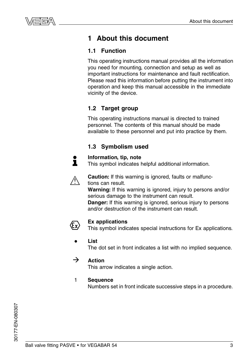 1 about this document, 1 function, 2 target group | 3 symbolism used, 1 a bout this document | VEGA VEGABAR 54 Ball valve ﬁtting PASVE User Manual | Page 3 / 24
