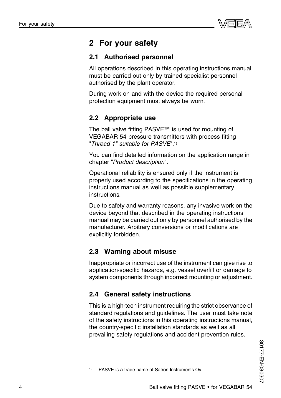 2 for your safety, 1 authorised personnel, 2 appropriate use | 3 warning about misuse, 4 general safety instructions, 2 f or your safety | VEGA VEGABAR 54 Ball valve ﬁtting PASVE User Manual | Page 4 / 24