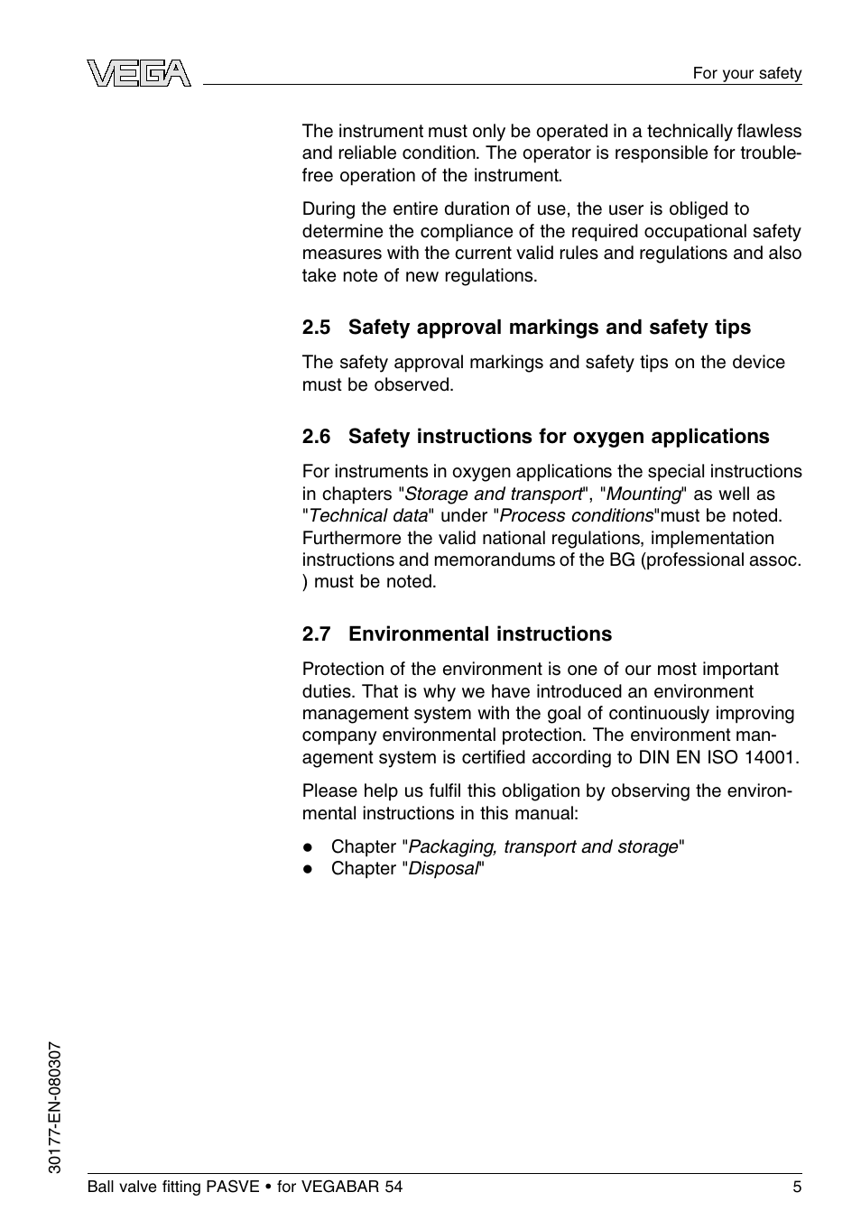 5 safety approval markings and safety tips, 6 safety instructions for oxygen applications, 7 environmental instructions | VEGA VEGABAR 54 Ball valve ﬁtting PASVE User Manual | Page 5 / 24