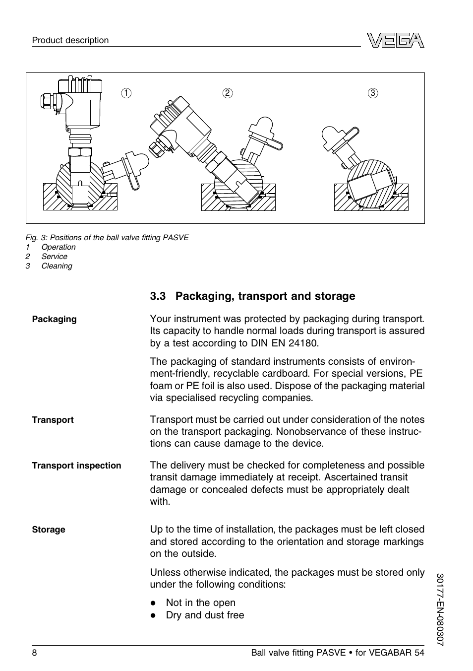 3 packaging, transport and storage, 3 p ackaging, transport and storage | VEGA VEGABAR 54 Ball valve ﬁtting PASVE User Manual | Page 8 / 24