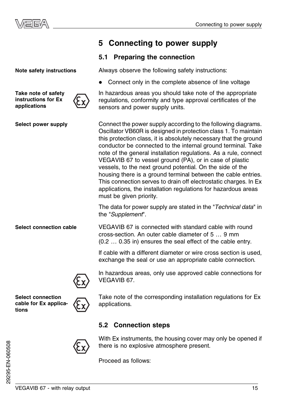 5 connecting to power supply, 1 preparing the connection, 2 connection steps | VEGA VEGAVIB 67 - relay output User Manual | Page 15 / 36