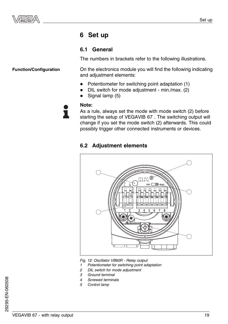 6 set up, 1 general, 2 adjustment elements | VEGA VEGAVIB 67 - relay output User Manual | Page 19 / 36