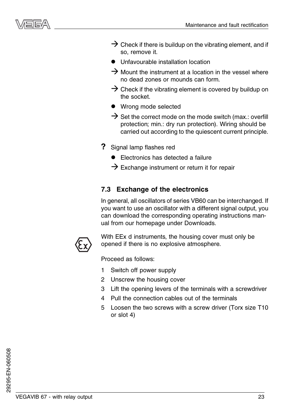 3 exchange of the electronics | VEGA VEGAVIB 67 - relay output User Manual | Page 23 / 36