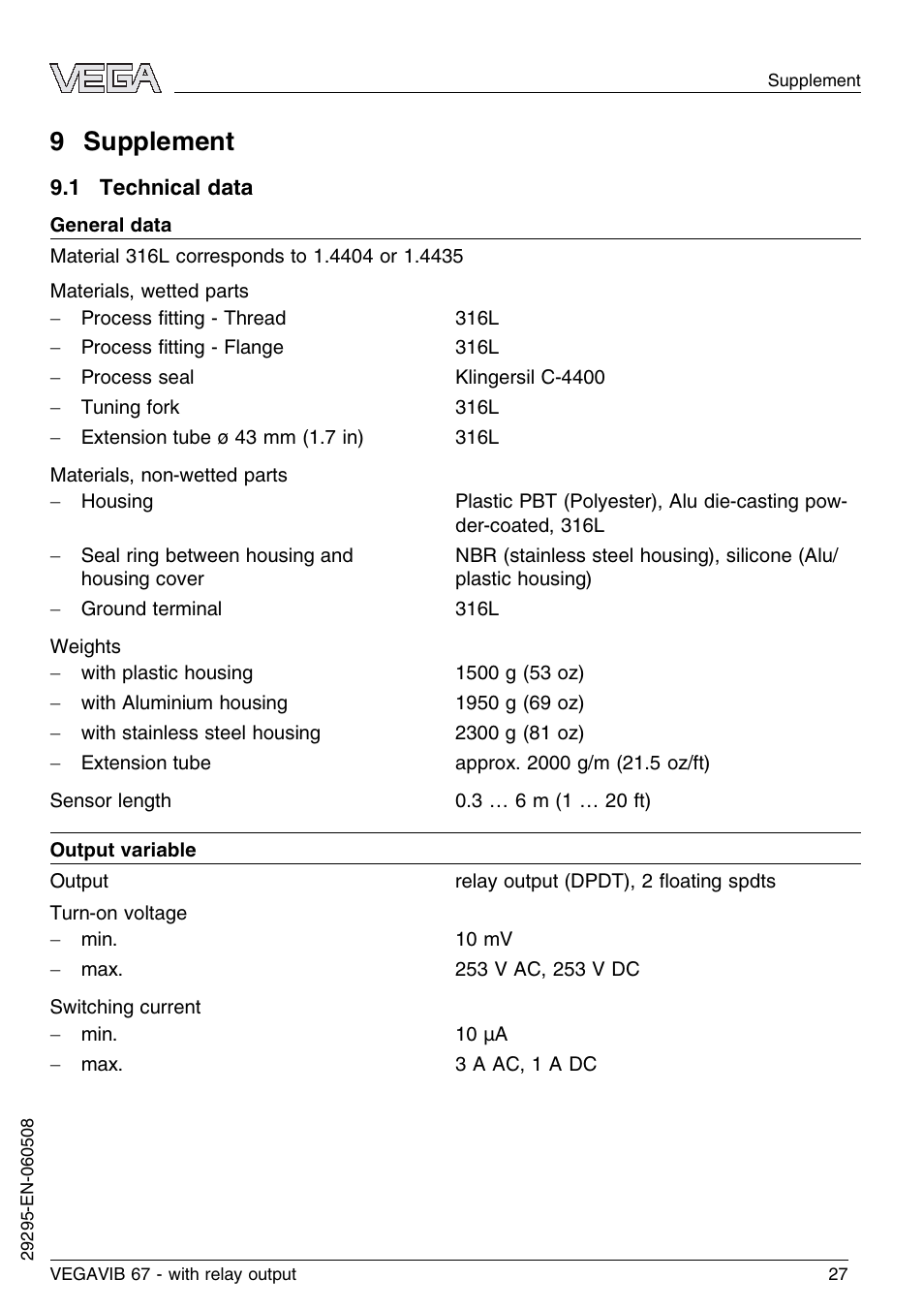 9 supplement, 1 technical data | VEGA VEGAVIB 67 - relay output User Manual | Page 27 / 36