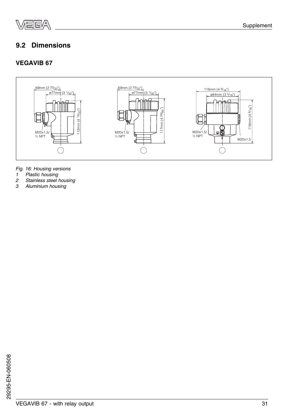 2 dimensions, Vegavib 67 | VEGA VEGAVIB 67 - relay output User Manual | Page 31 / 36
