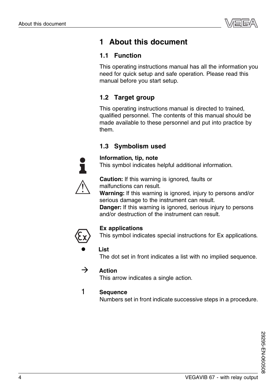 1 about this document, 1 function, 2 target group | 3 symbolism used | VEGA VEGAVIB 67 - relay output User Manual | Page 4 / 36