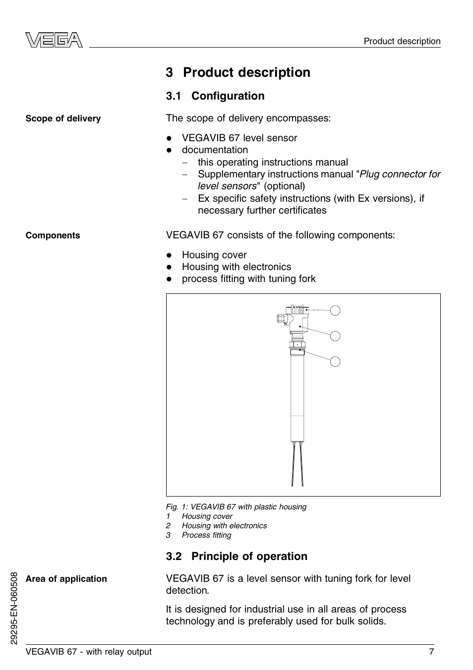 3 product description, 1 configuration, 2 principle of operation | 1 conﬁguration | VEGA VEGAVIB 67 - relay output User Manual | Page 7 / 36
